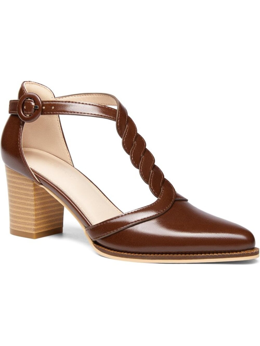Women's Red-Brown Chunky Heels T Strap Pointed Toe Stacked Heeled Sandals Pumps